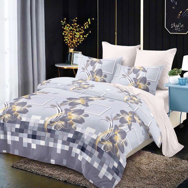 Lenjerie Pat Dublu, FINET, 6 piese, Bleu, Gri, Flori [1]