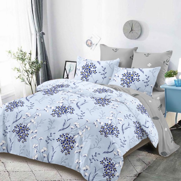 Lenjerie Pat Dublu, FINET, 6 piese, Albastru, Gri, Flori [1]