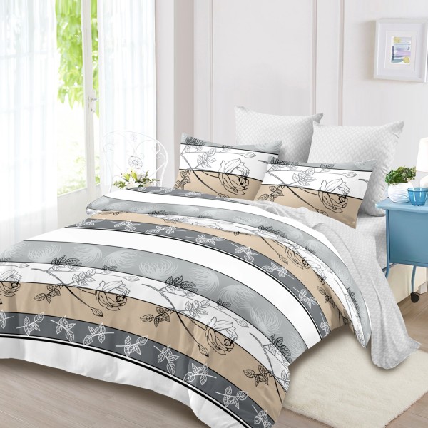 Lenjerie Pat Dublu, FINET, 6 piese, Gri, Bej, Dungi, Flori [1]