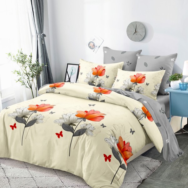 Lenjerie Pat Dublu, FINET, 6 piese, Bej, Gri, Flori [1]