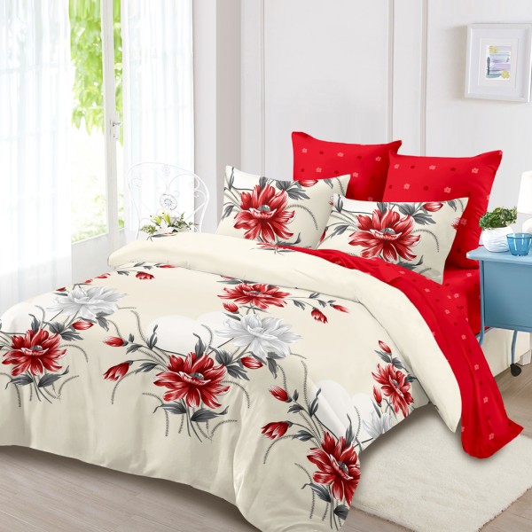 Lenjerie Pat Dublu, FINET, 6 piese, Crem, Rosu, Flori [1]