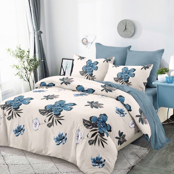 Lenjerie Pat Dublu, FINET, 6 piese, Crem, Albastru, Flori [1]