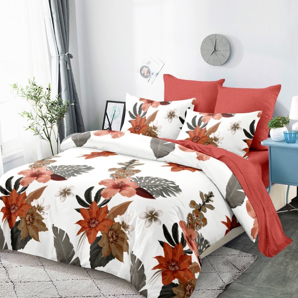 Lenjerie Pat Dublu, FINET, 6 piese, Alb, Caramiziu, Flori, Frunze [1]