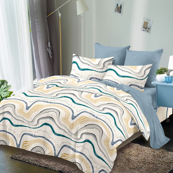 Lenjerie Pat Dublu, FINET, 6 piese, Crem, Bleu, Valuri [1]