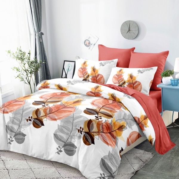 Lenjerie Pat Dublu, FINET, 6 piese, Alb, Somon, Frunze [1]