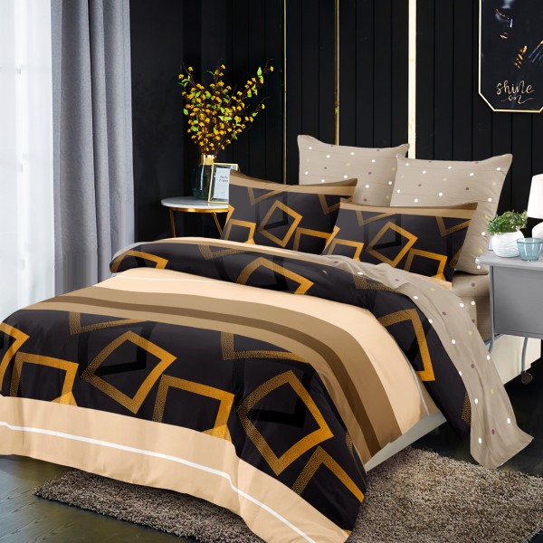 Lenjerie Pat Dublu, FINET, 6 piese, Bej, Maro, Negru, Forme Geometrice [1]