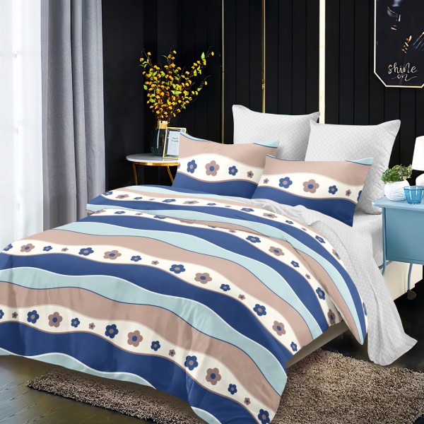 Lenjerie Pat Dublu, FINET, 6 piese, Albastru, Bej, Dungi, Flori [1]