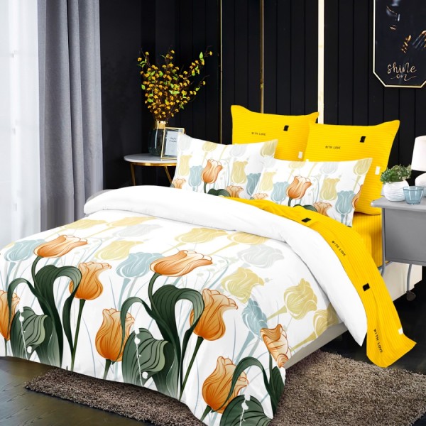 Lenjerie Pat Dublu, FINET, 6 piese, Alb, Galben, Flori [1]