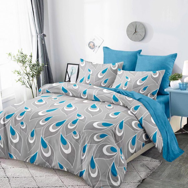 Lenjerie Pat Dublu, FINET, 6 piese, Gri, Bleu, Picaturi [1]