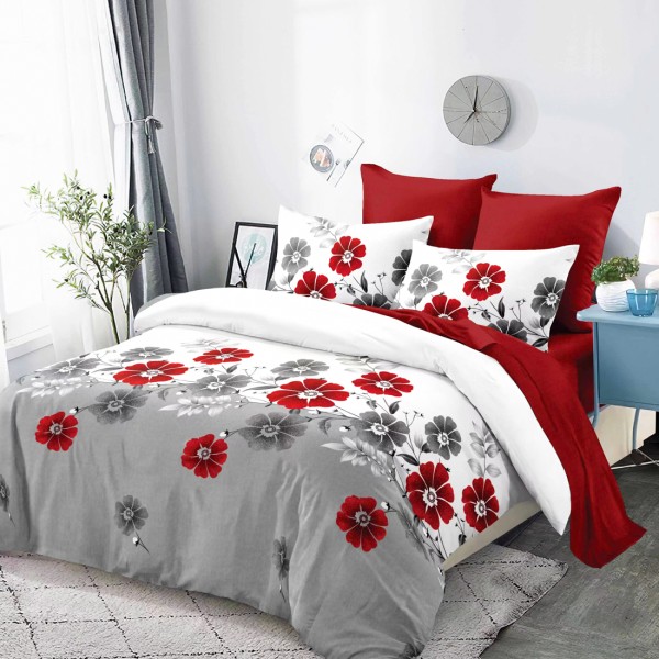 Lenjerie Pat Dublu, FINET, 6 piese, Alb, Gri, Rosu, Flori [1]