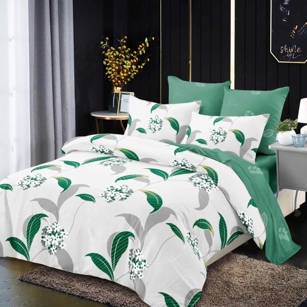 Lenjerie Pat Dublu, FINET, 6 piese, Gri, Verde, Flori [1]