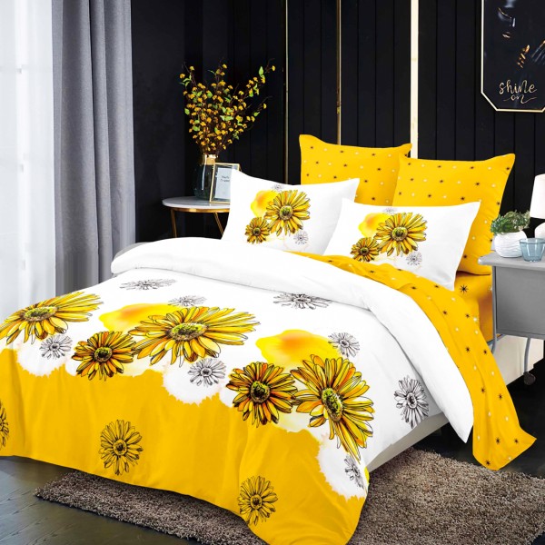 Lenjerie Pat Dublu, FINET, 6 piese, Alb, Galben, Flori [1]