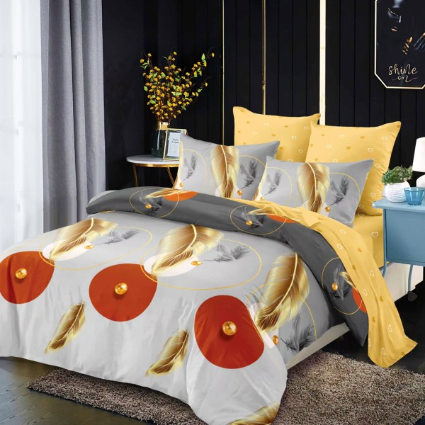 Lenjerie Pat Dublu, FINET, 6 piese, Gri, Galben, Pene, Cercuri [1]