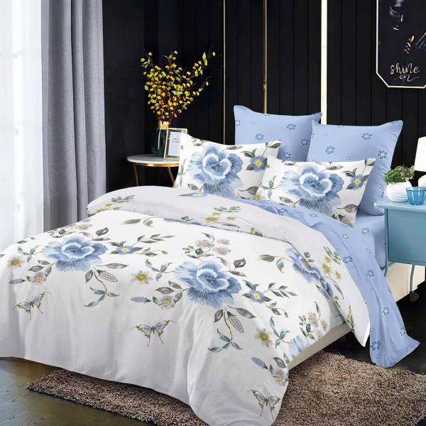 Lenjerie Pat Dublu, FINET, 6 piese, Alb, Bleu, Flori, Fluturi [1]