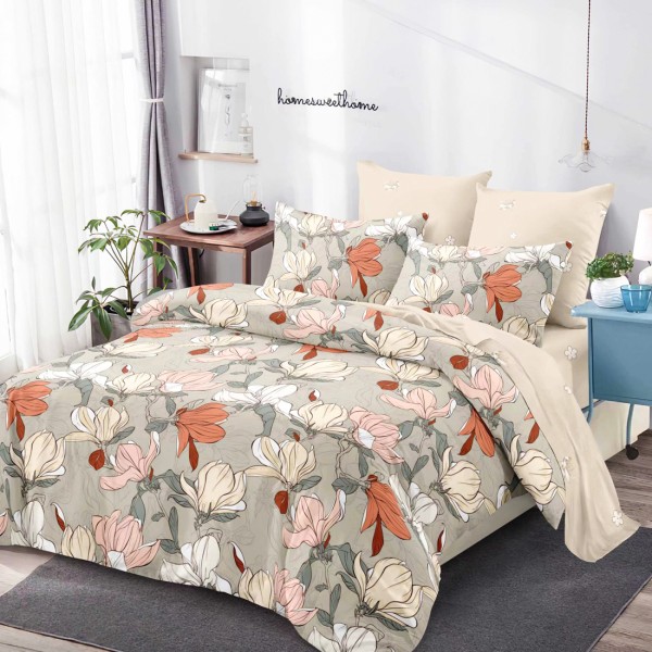 Lenjerie Pat Dublu, FINET, 6 piese, Gri, Bej, Flori [1]