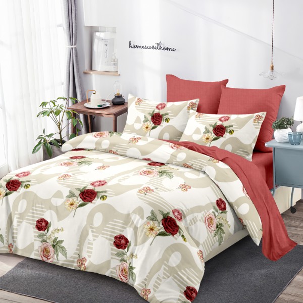 Lenjerie Pat Dublu, FINET, 6 piese, Bej, Caramiziu, Flori [1]