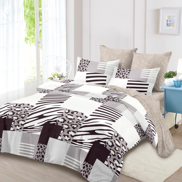 Lenjerie Pat Dublu, FINET, 6 piese, Alb, Bej, Maro, Patrate, Animal Print [1]