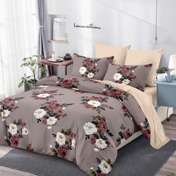 Lenjerie Pat Dublu, FINET, 6 piese, Movuriu, Bej, Flori [1]