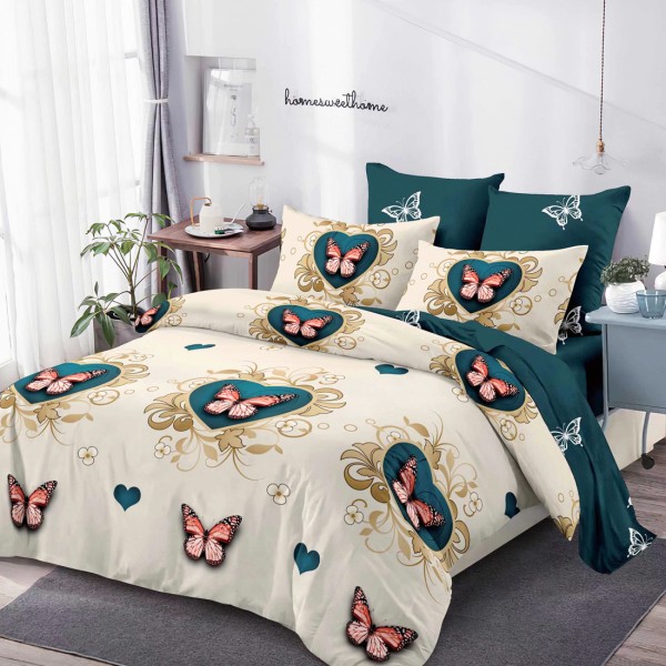 Lenjerie Pat Dublu, FINET, 6 piese, Crem, Turquoise, Fluturi [1]