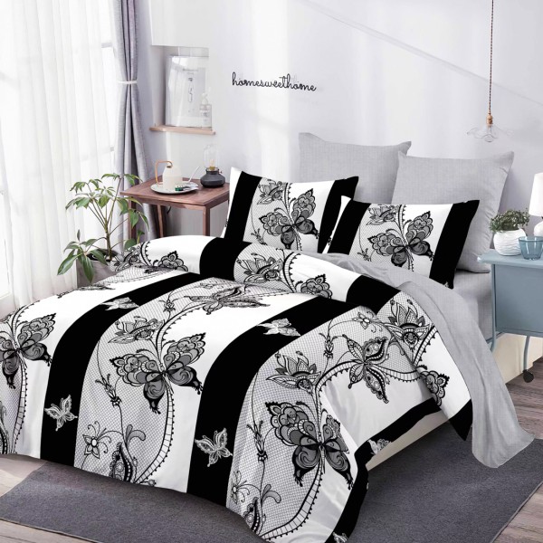 Lenjerie Pat Dublu, FINET, 6 piese, Alb, Negru, Flori, Fluturi [1]