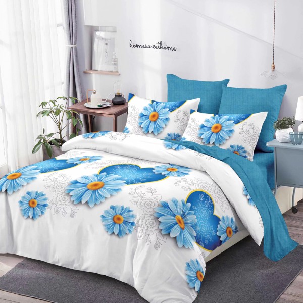 Lenjerie Pat Dublu, FINET, 6 piese, Alb, Bleu, Flori [1]