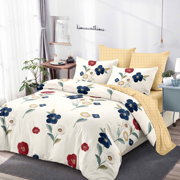 Lenjerie Pat Dublu, FINET, 6 piese, Crem, Galben, Flori [1]