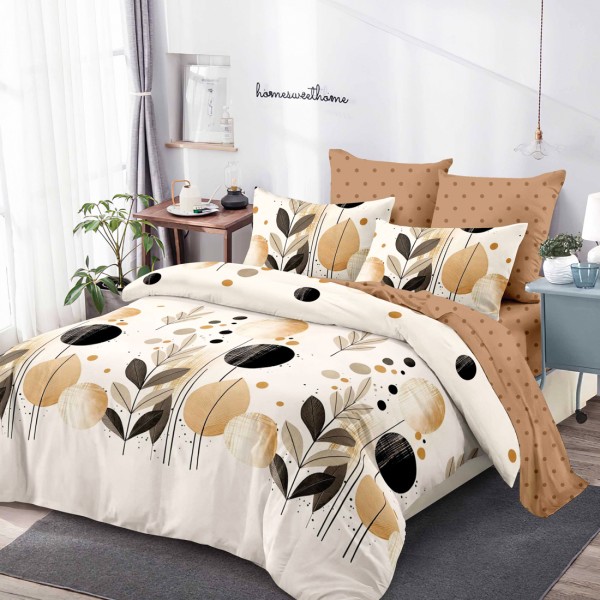 Lenjerie Pat Dublu, FINET, 6 piese, Bej, Maro, Cercuri, Frunze [1]
