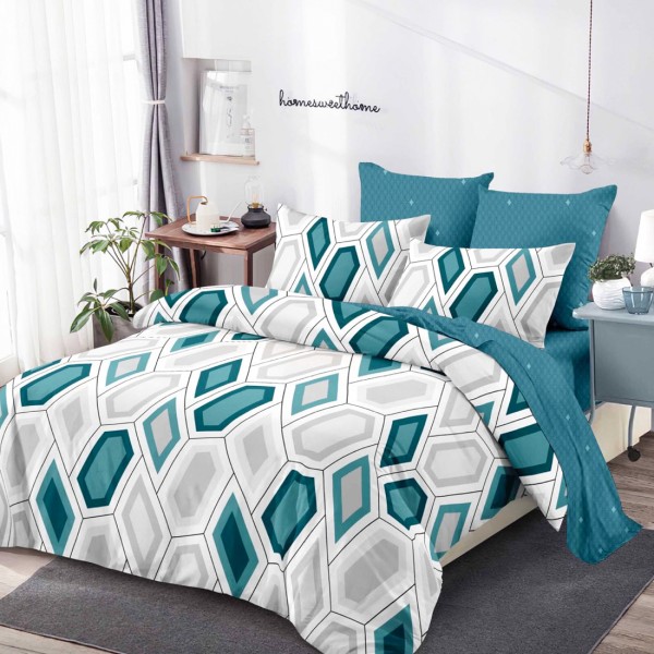 Lenjerie Pat Dublu, FINET, 6 piese, Gri, Turquoise, Forme Geometrice [1]