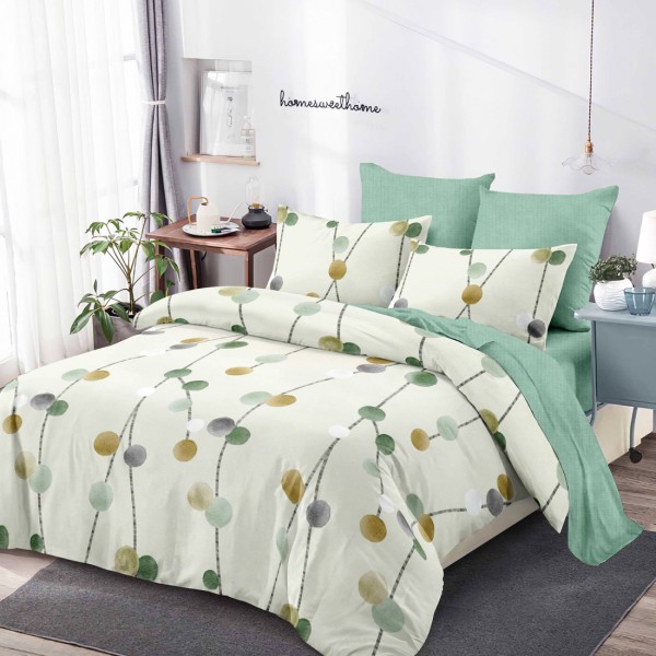 Lenjerie Pat Dublu, FINET, 6 piese, Crem, Verde, Flori [1]