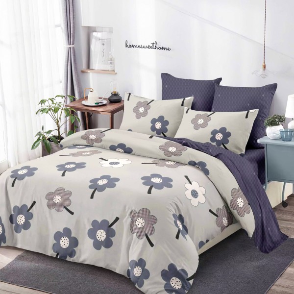 Lenjerie Pat Dublu, FINET, 6 piese, Gri, Mov, Flori [1]