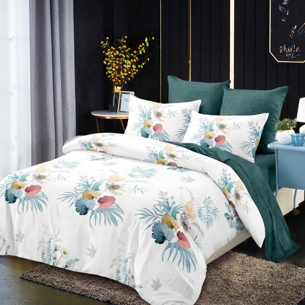 Lenjerie Pat Dublu, FINET, 6 piese, Alb, Petrol, Flori [1]