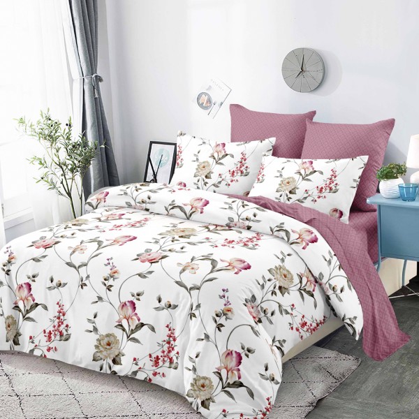 Lenjerie Pat Dublu, FINET, 6 piese, Alb, Roz, Flori [1]