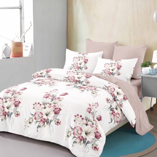 Lenjerie Pat Dublu, FINET, 6 piese, Crem, Roz, Flori [1]