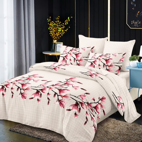 Lenjerie Pat Dublu, FINET, 6 piese, Crem, Roz, Magnolii [1]