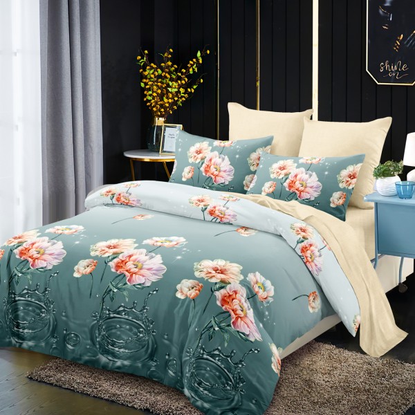 Lenjerie Pat Dublu, FINET, 6 piese, Verde, Bej, Flori [1]