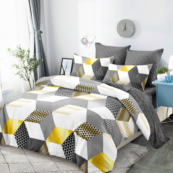 Lenjerie Pat Dublu, FINET, 6 piese, Gri, Alb, Galben, Forme Geometrice [1]