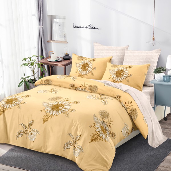 Lenjerie Pat Dublu, FINET, 6 piese, Bej, Galben, Flori [1]