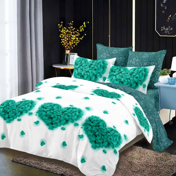 Lenjerie Pat Dublu, FINET, 6 piese, Alb, Turquoise, Inimioare [1]