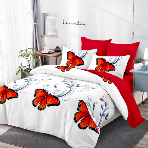 Lenjerie Pat Dublu, FINET, 6 piese, Alb, Rosu, Fluturi [1]
