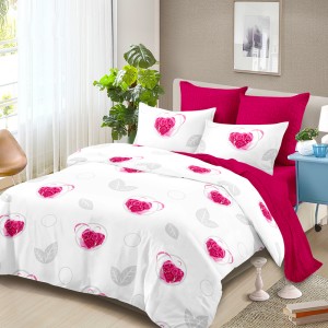 Lenjerie Pat Dublu, FINET, 6 piese, Alb, Roz, Inimioare Lenjerie Pat Dublu, FINET, 6 piese, Alb, Roz, Inimioare