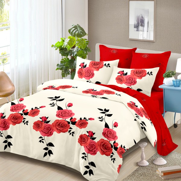 Lenjerie Pat Dublu, FINET, 6 piese, Crem, Rosu, Trandafiri [1]