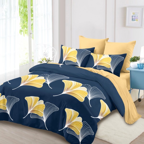 Lenjerie Pat Dublu, FINET, 6 piese, Bleumarin, Galben, Frunze [1]