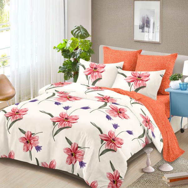 Lenjerie Pat Dublu, FINET, 6 piese, Alb, Somon, Flori [1]