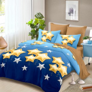 Lenjerie Pat Dublu, FINET, 6 piese, Albastru, Maro, Stelute Lenjerie Pat Dublu, FINET, 6 piese, Albastru, Maro, Stelute