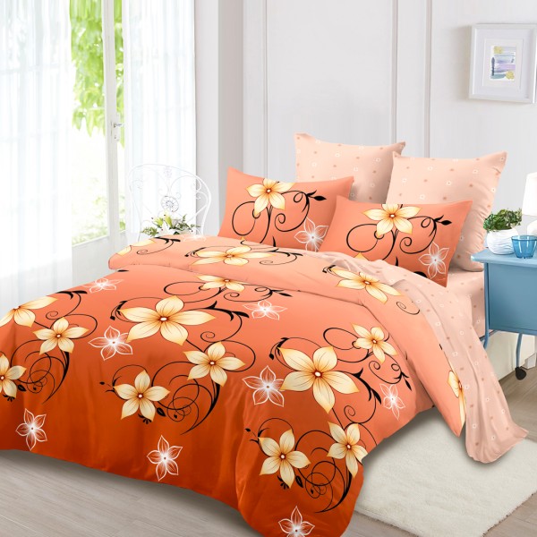 Lenjerie Pat Dublu, FINET, 6 piese, Portocaliu, Somon, Flori [1]