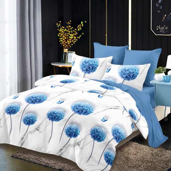 Lenjerie Pat Dublu, FINET, 6 piese, Gri, Bleu, Flori, Fluturi [1]