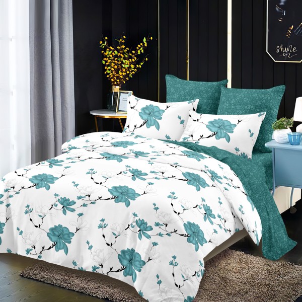 Lenjerie Pat Dublu, FINET, 6 piese, Alb, Verde, Flori [1]