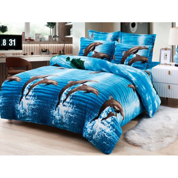 Lenjerie pat dublu, Super Pufoasa COCOLINO, 6 piese, Albastru-Multicolor, delfini [1]