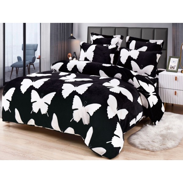 Lenjerie pat dublu, Super Pufoasa COCOLINO, 6 piese, Negru-Alb, fluturi [1]