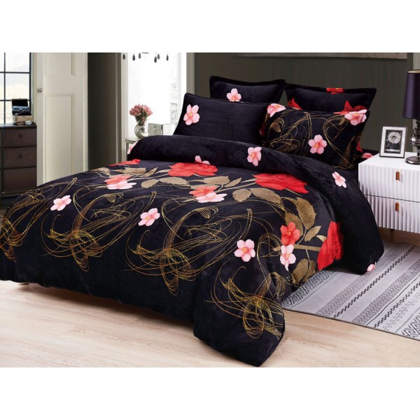 Lenjerie pat dublu, Super Pufoasa COCOLINO, 6 piese, Negru-Multicolor, flori [1]